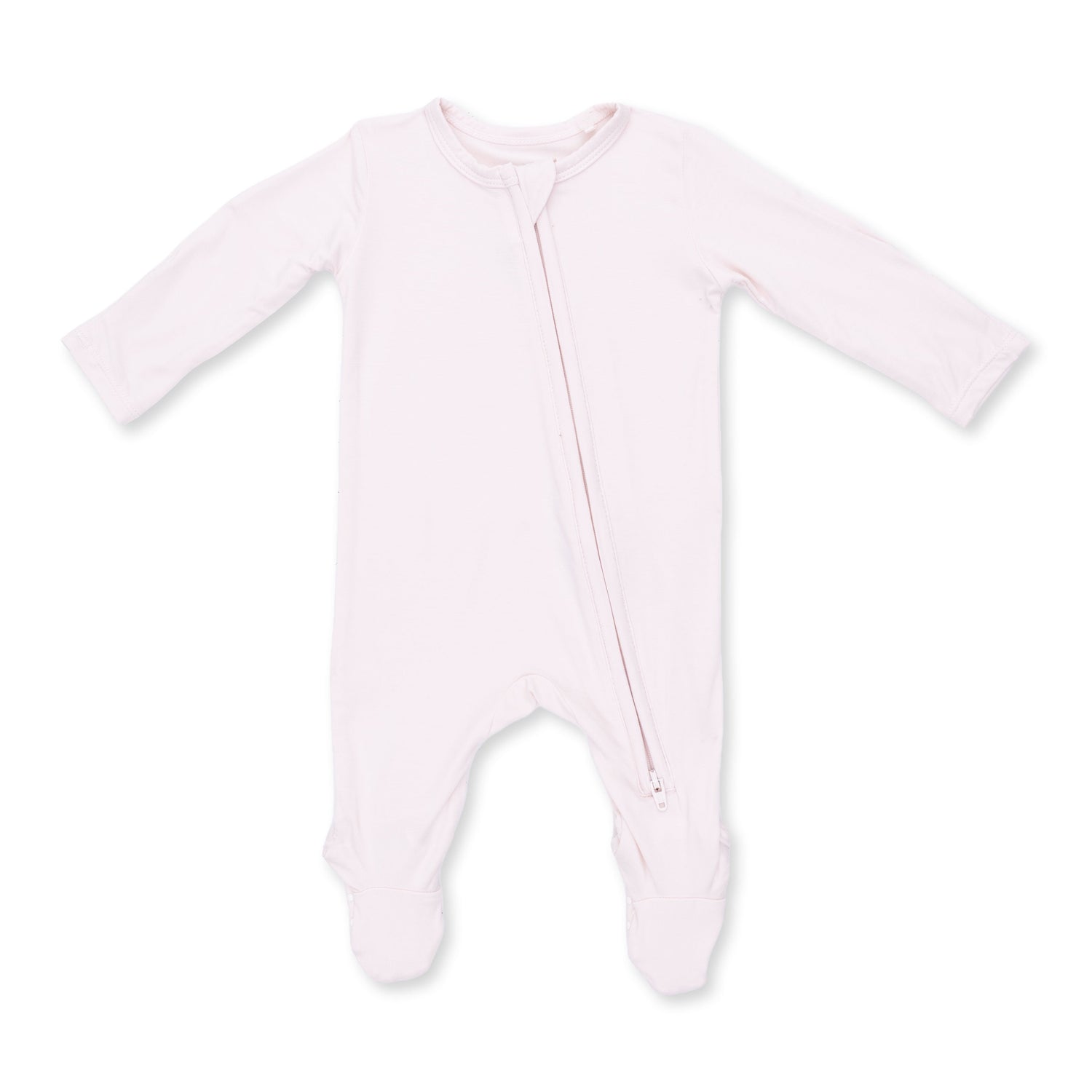 Baby footie pajamas in solid mauve with two-way zipper, fold-over cuffs and footed legs with grippers