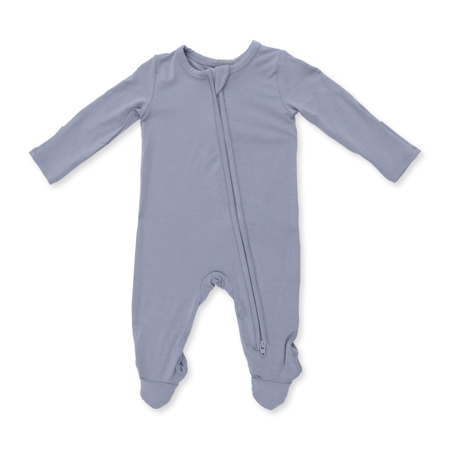 Footie pajamas in a solid Momentum color with two-way zipper, fold-over cuffs, and gripper feet