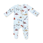 Baby footie pajamas in a snow cats print with full-length two-way zipper and footed legs with grippers