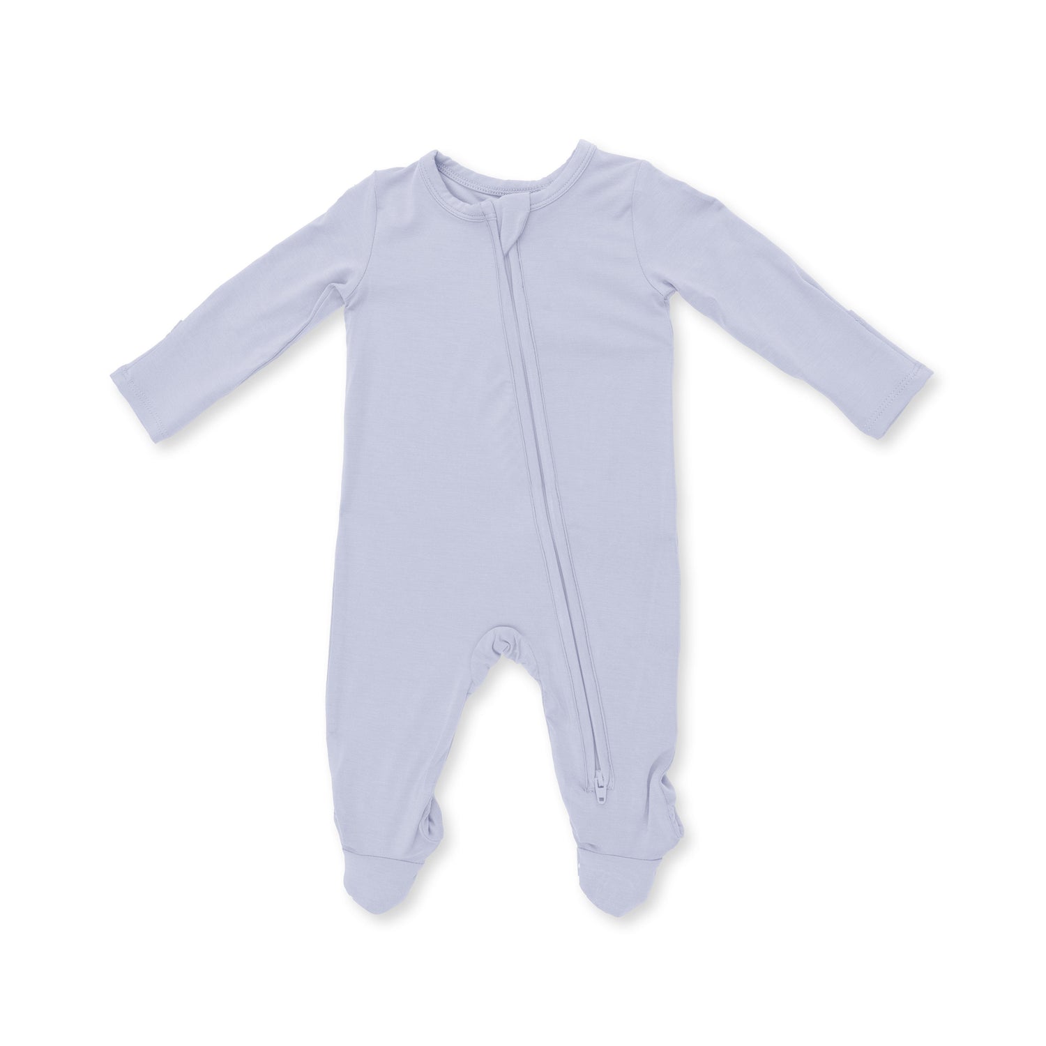 Baby footie pajamas in a solid muted shade with a full-length two-way zipper and footed legs