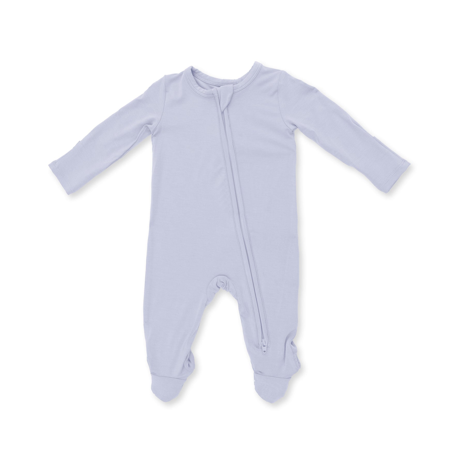 Baby footie pajamas in a solid muted shade with a full-length two-way zipper and footed legs