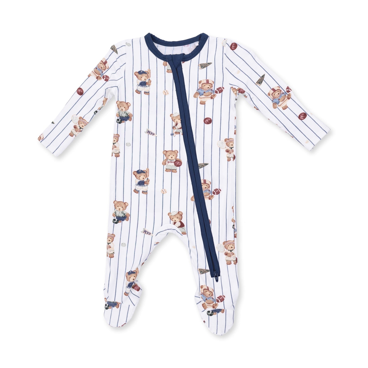 Baby zip footie in a mixed sports bears print with fold-over cuffs and gripper feet