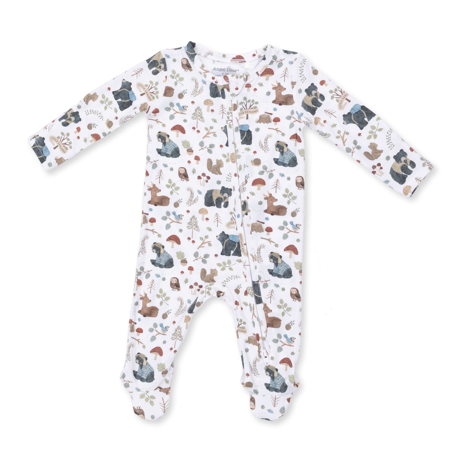 Footie pajamas in green with a Southern woodland animal print, two-way zipper, and footed grippers