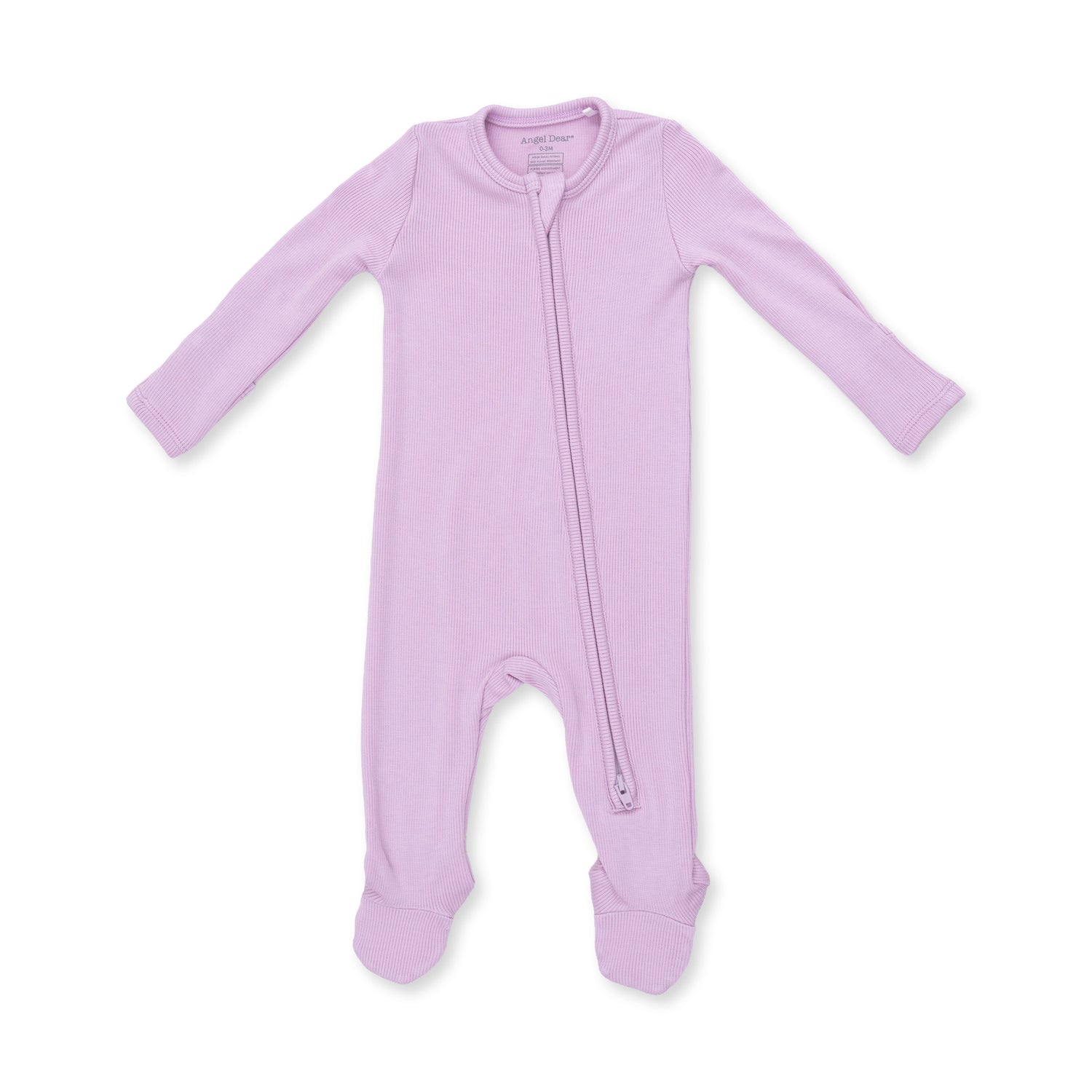 Baby footie pajamas in solid winsome orchid with a two-way front zipper and footed legs.