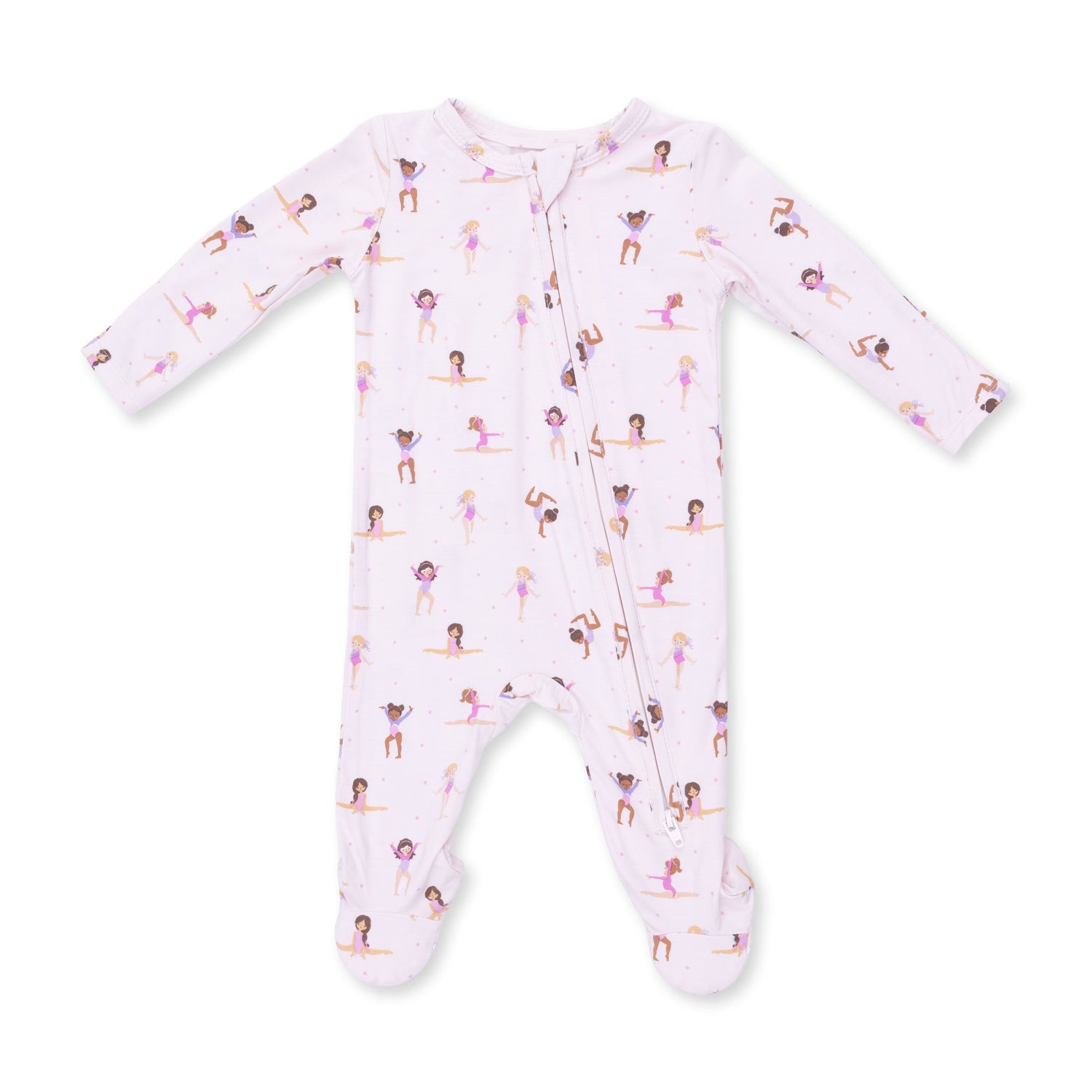Baby footie pajamas in a Tiny Tumblers print with two-way zipper, footed legs, and grippers