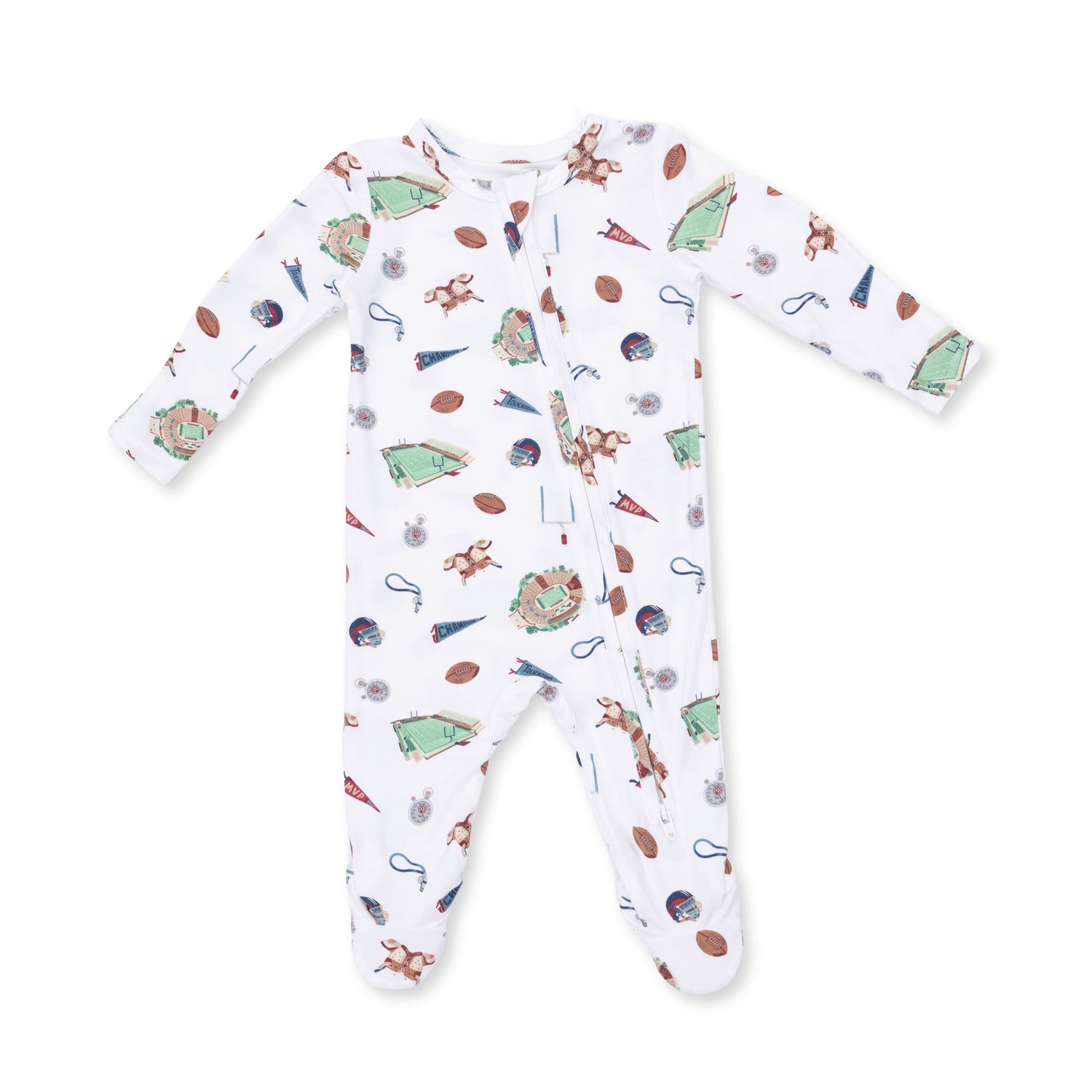 Baby footie pajamas with a vintage football print and a full-length two-way zipper.