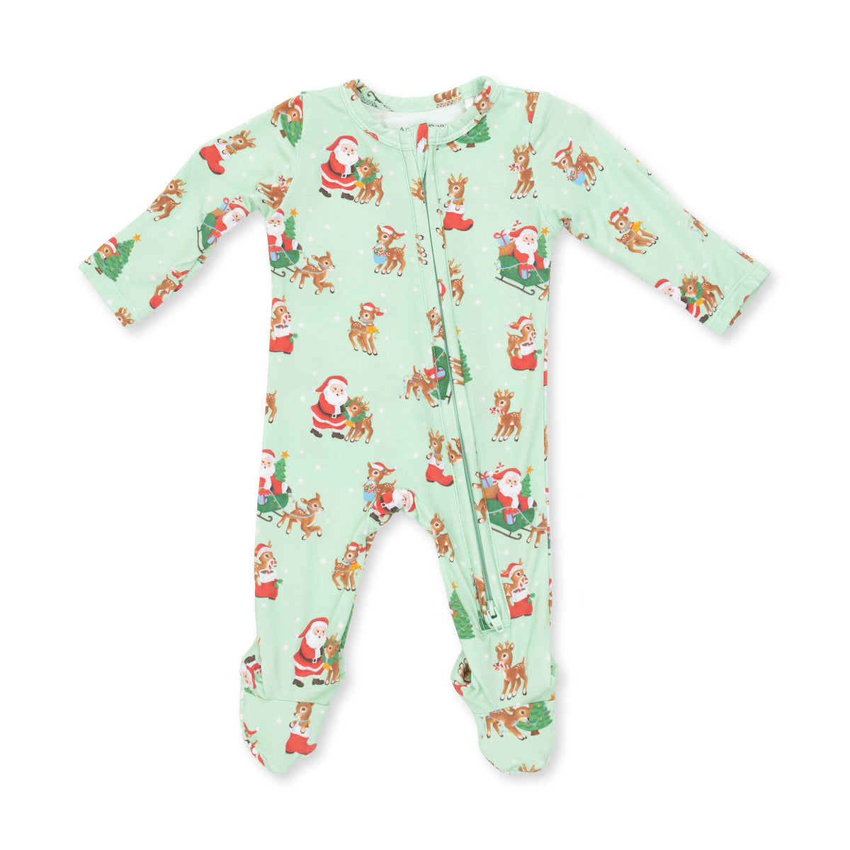 Baby footie pajamas with two-way zipper in a vintage reindeer and Santa print with footed grippers