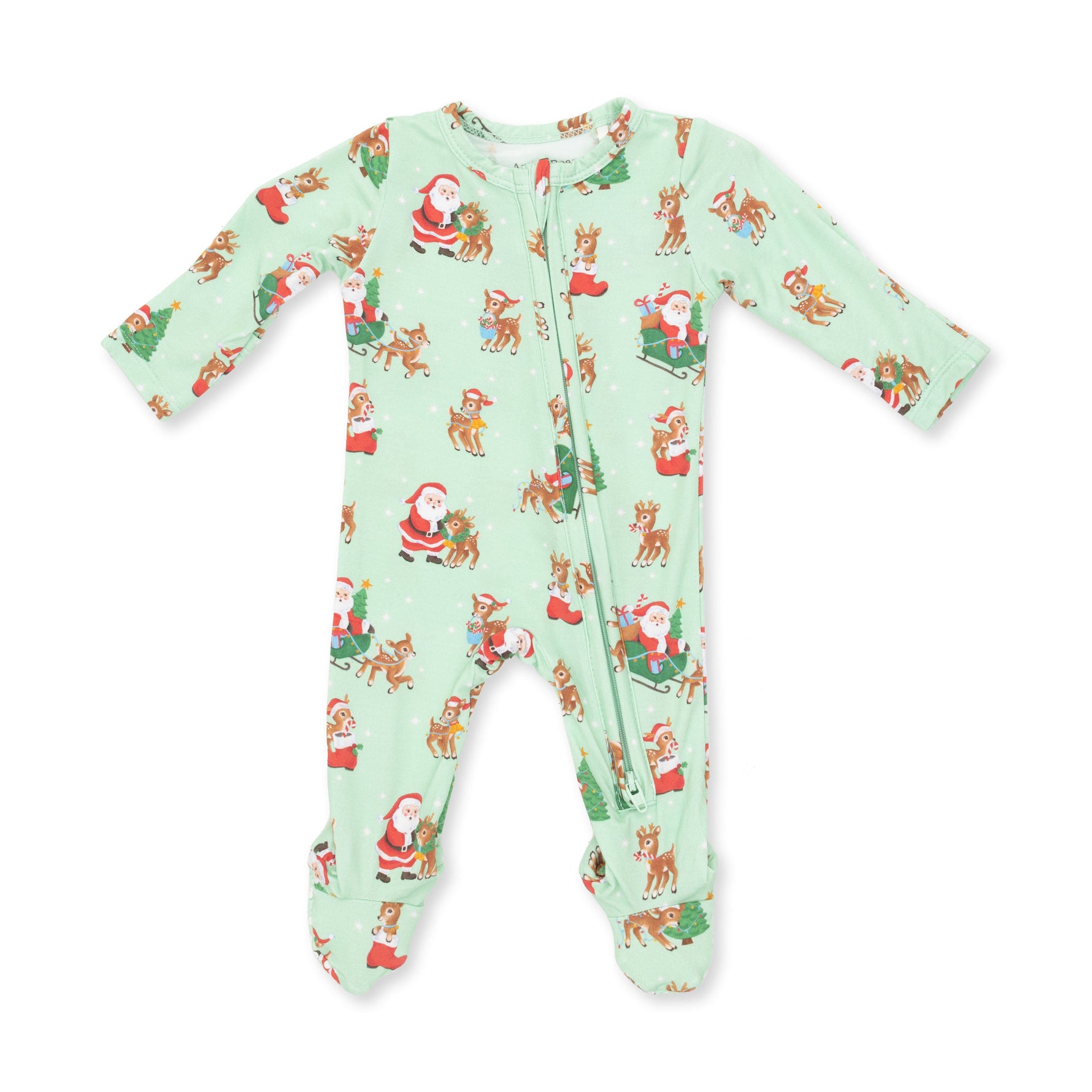 Baby footie pajamas with two-way zipper in a vintage reindeer and Santa print with footed grippers