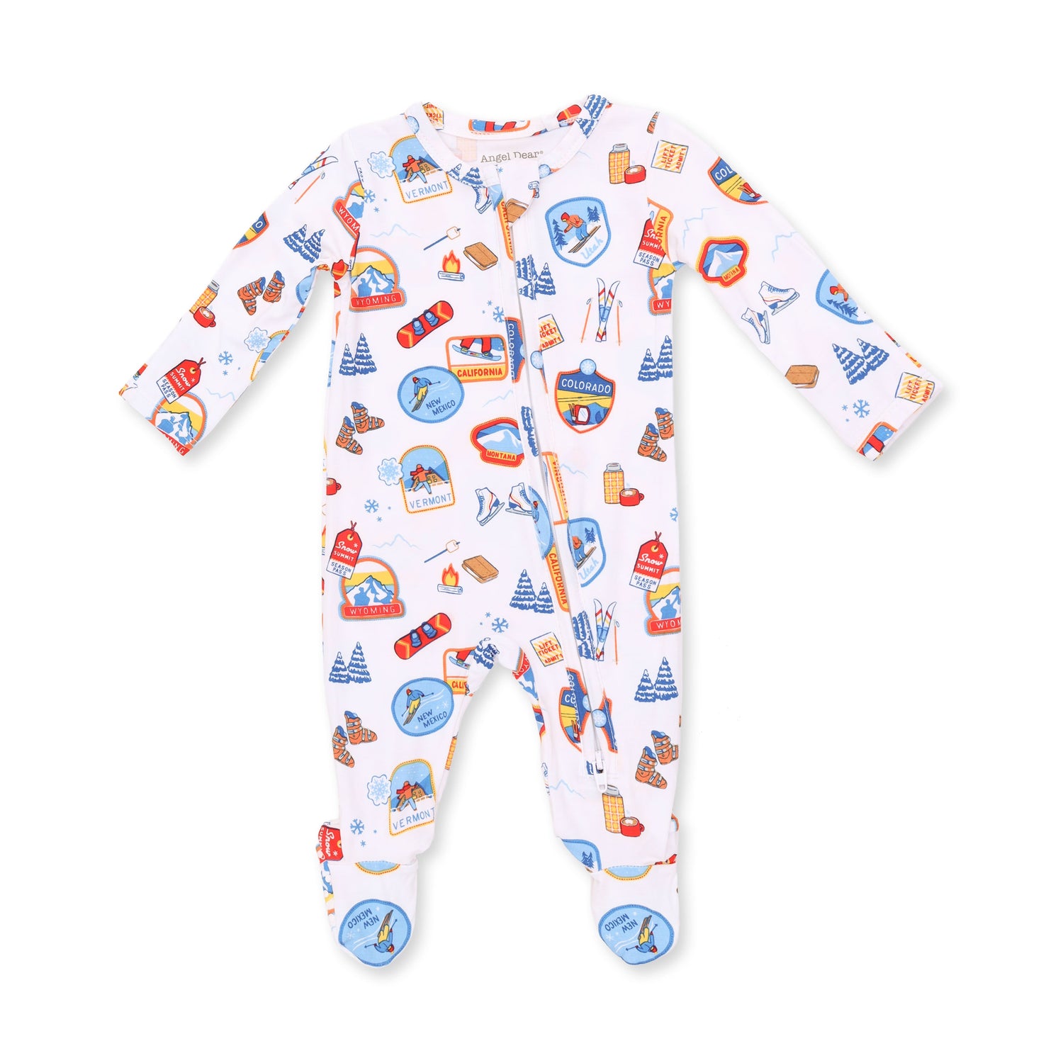 Footie pajamas in a vintage ski-patch print with two-way zipper, fold-over cuffs, and gripper feet