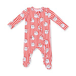 Baby footie pajamas in a vintage Santa stripe print with two-way zipper and footed legs