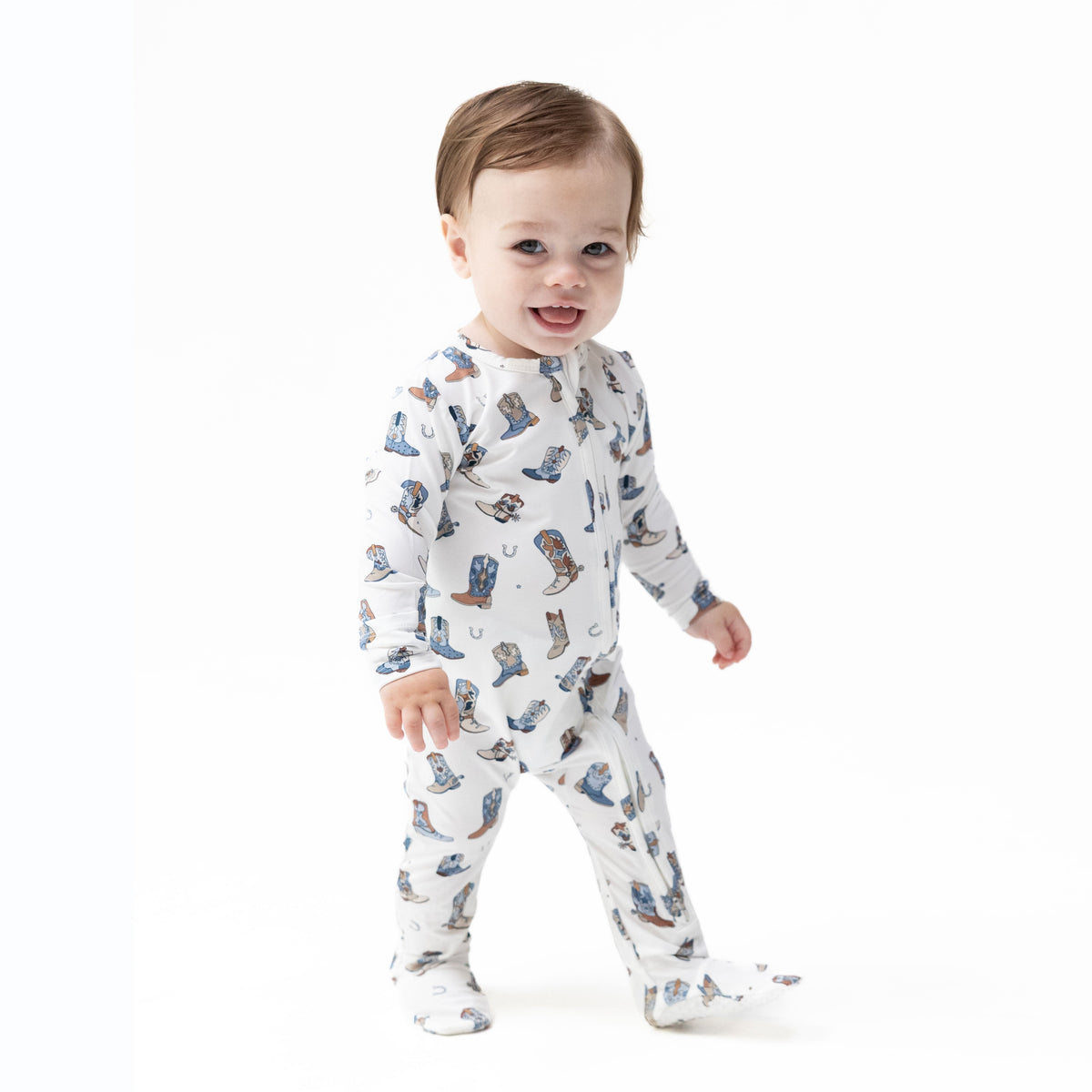 Bamboo viscose baby footie with two-way zipper in Buckaroo Boots print