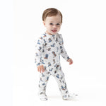 Bamboo viscose baby footie with two-way zipper in Buckaroo Boots print