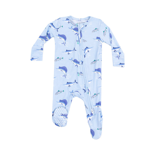 2 Way Zipper Footie Deep Sea Fishing Blue.