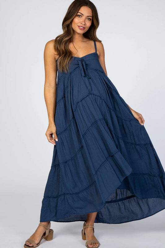 Navy Blue Ruffle Tier Hi Low Maternity Dress PinkBlush