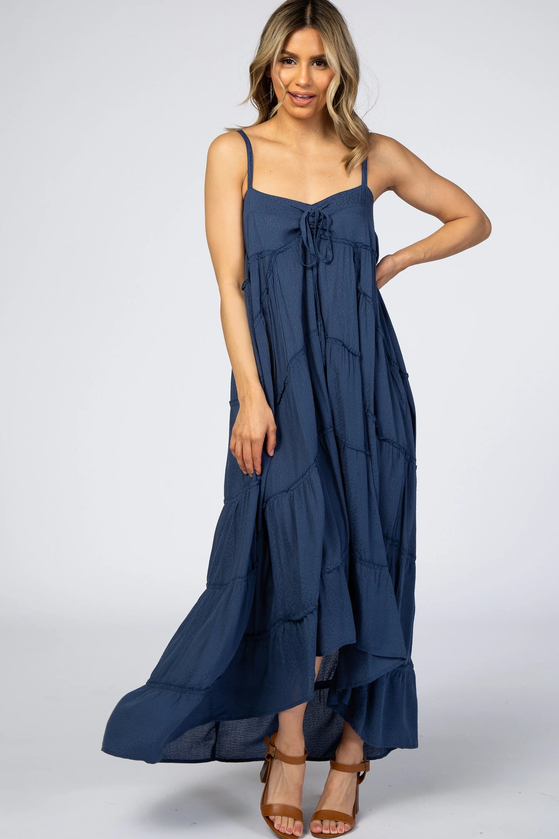 Navy Blue Ruffle Tier Hi Low Maternity Dress PinkBlush