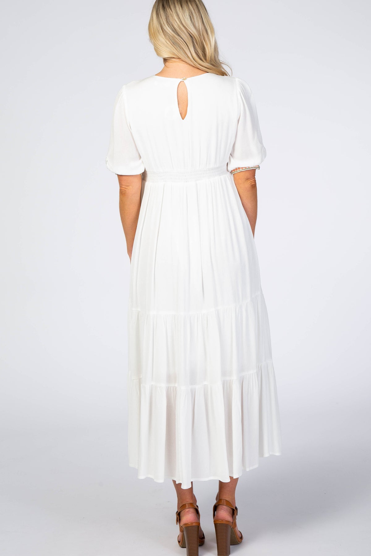Ivory Floral Embroidered Maternity Midi Dress by PinkBlush at Everetts Place