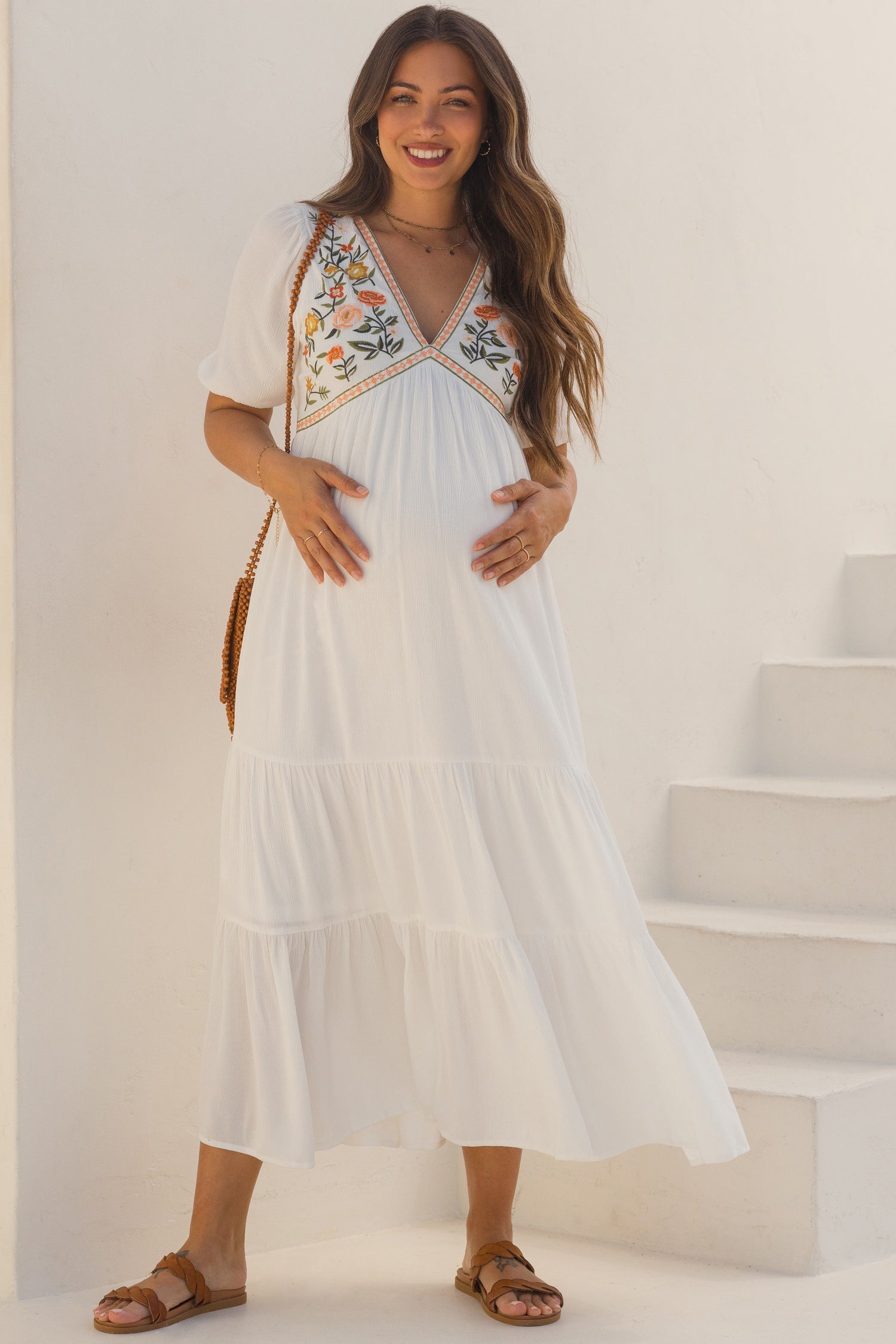 Ivory Floral Embroidered Maternity Midi Dress
