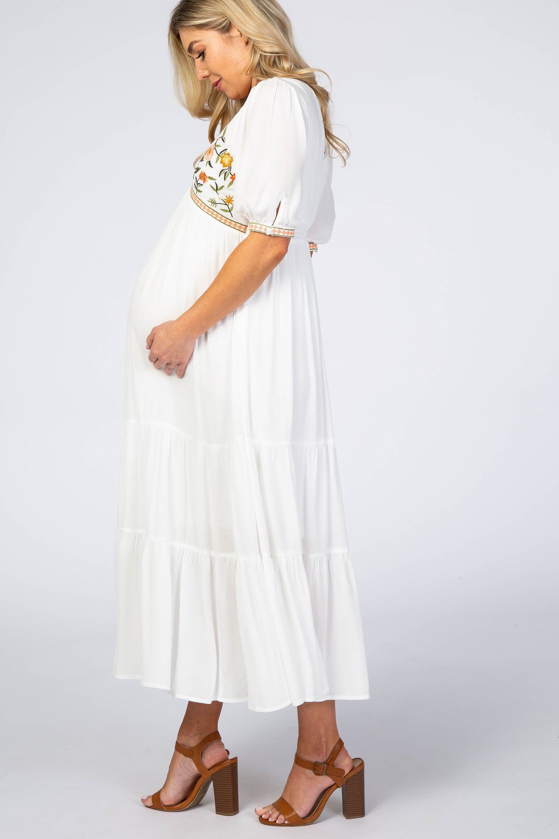 Ivory Floral Embroidered Maternity Midi Dress by PinkBlush at Everetts Place