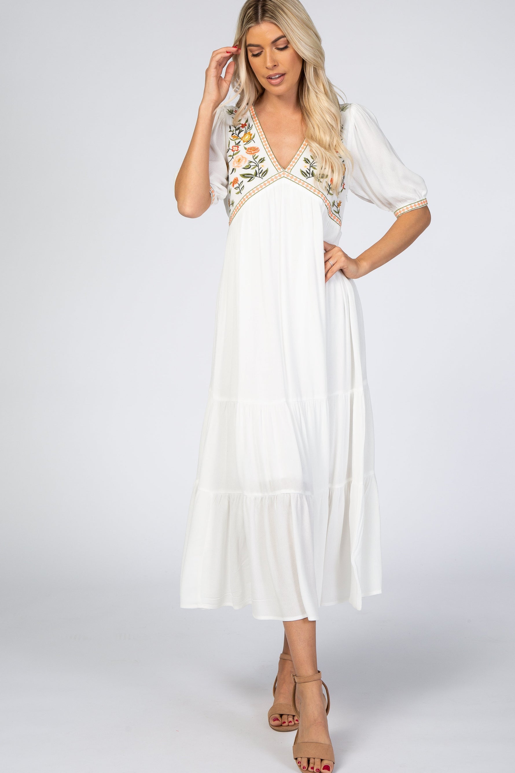 Ivory Floral Embroidered Maternity Midi Dress by PinkBlush at Everetts Place