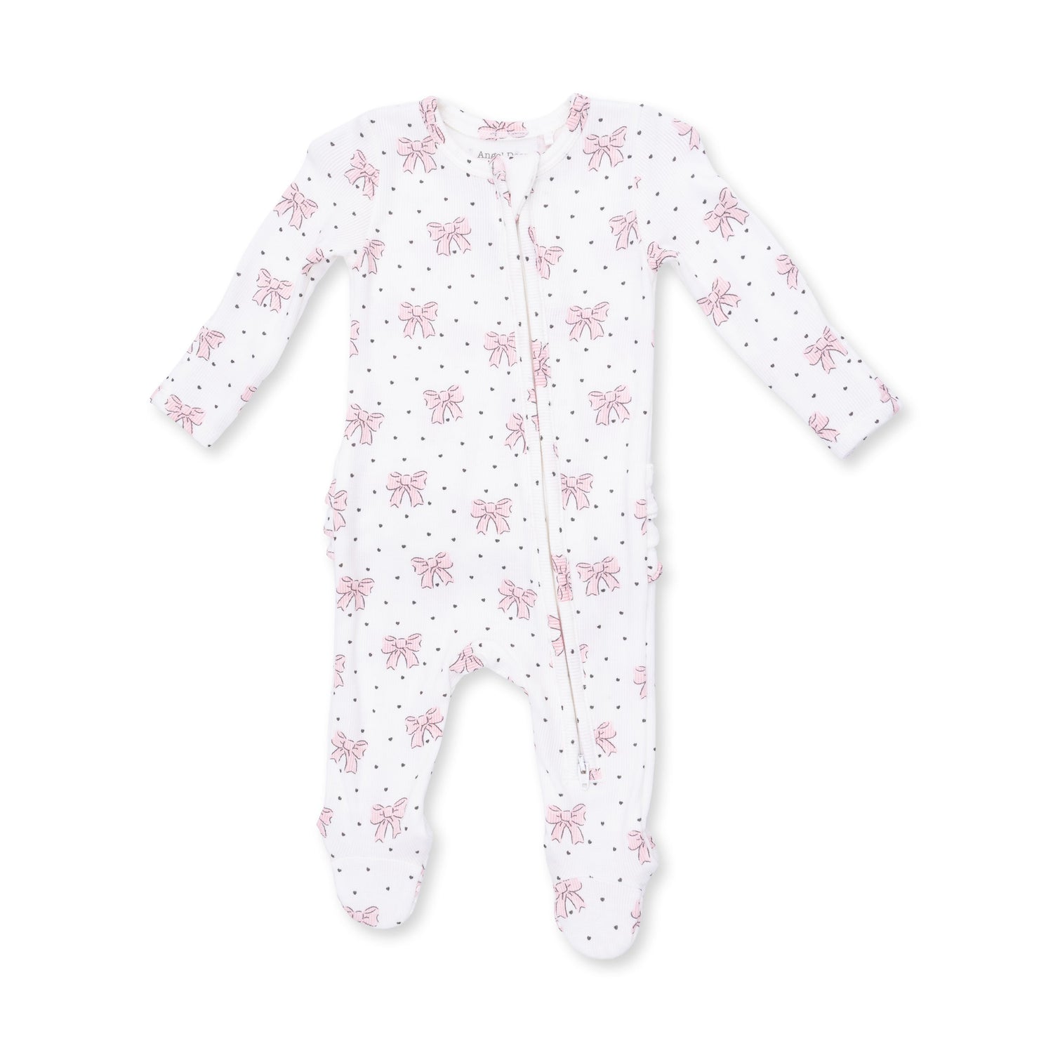 Ruffle back zipper footie in a bows and hearts print with fold-over cuffs and a full-length front zipper.