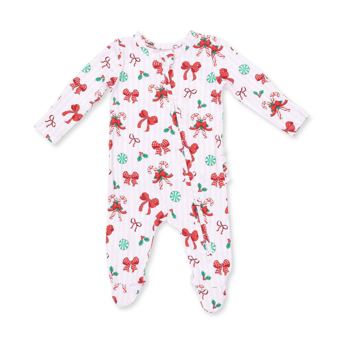 Bows & Candy Canes - 2 Way Ruffle Back Zipper Footie by Angel Dear