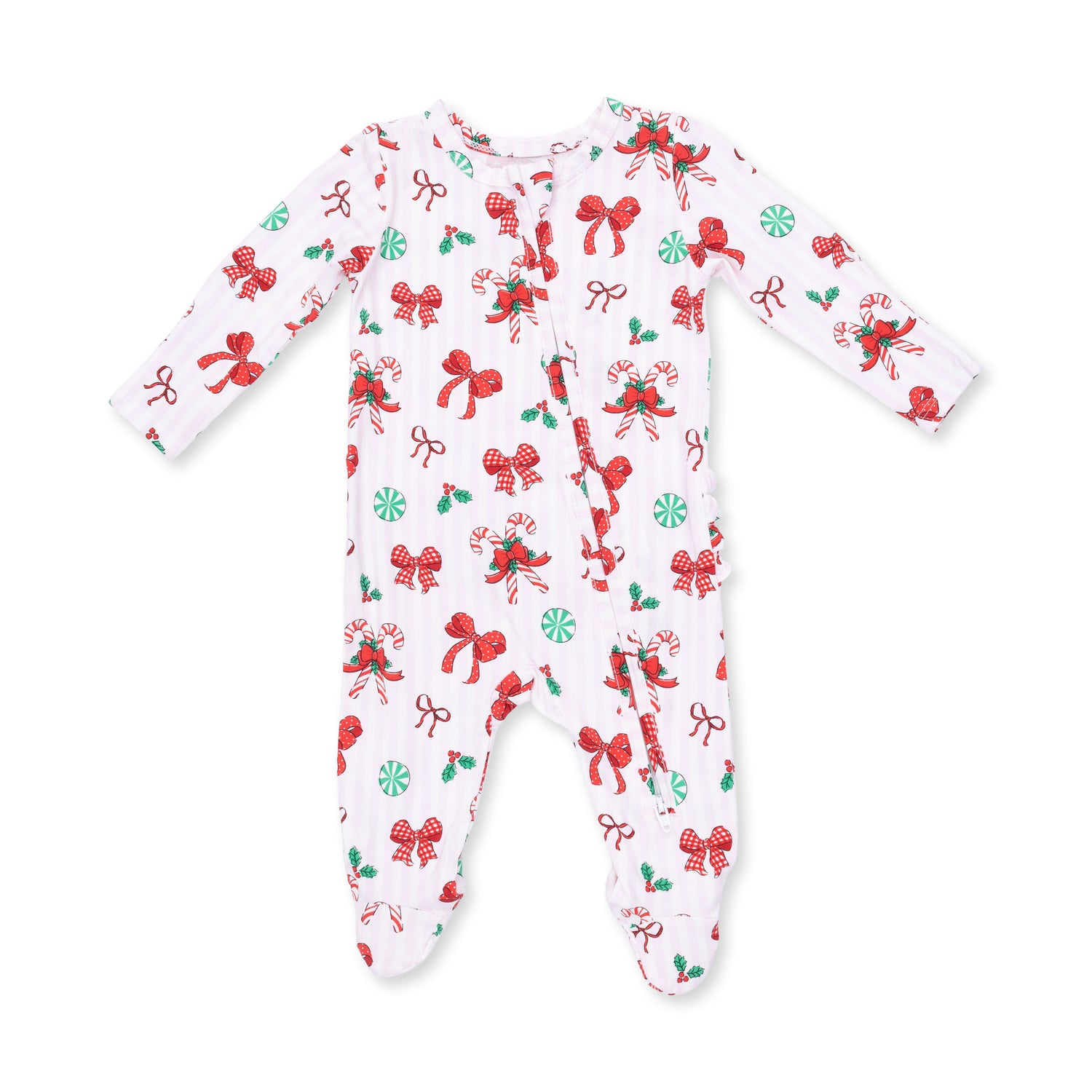 Baby footie pajama with bows and candy canes print, two-way front zipper and ruffle back detail