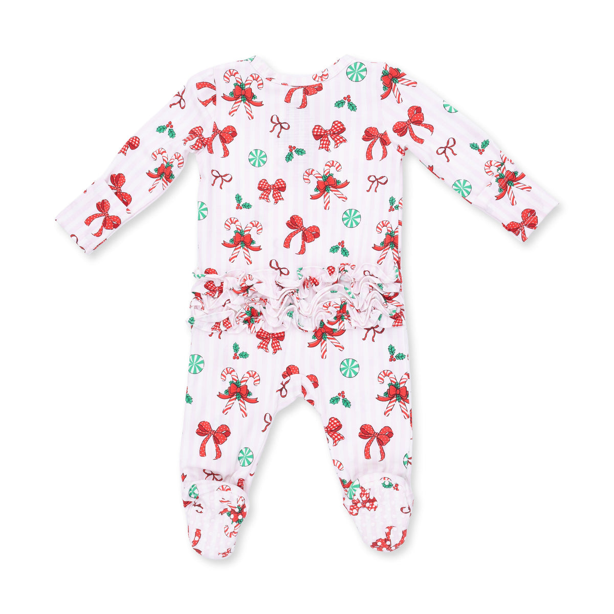 Bows & Candy Canes - 2 Way Ruffle Back Zipper Footie by Angel Dear