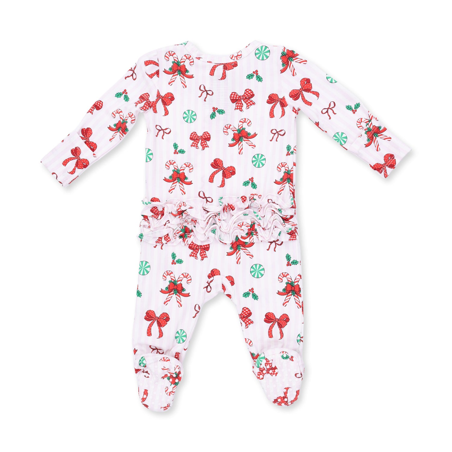 Bows & Candy Canes - 2 Way Ruffle Back Zipper Footie