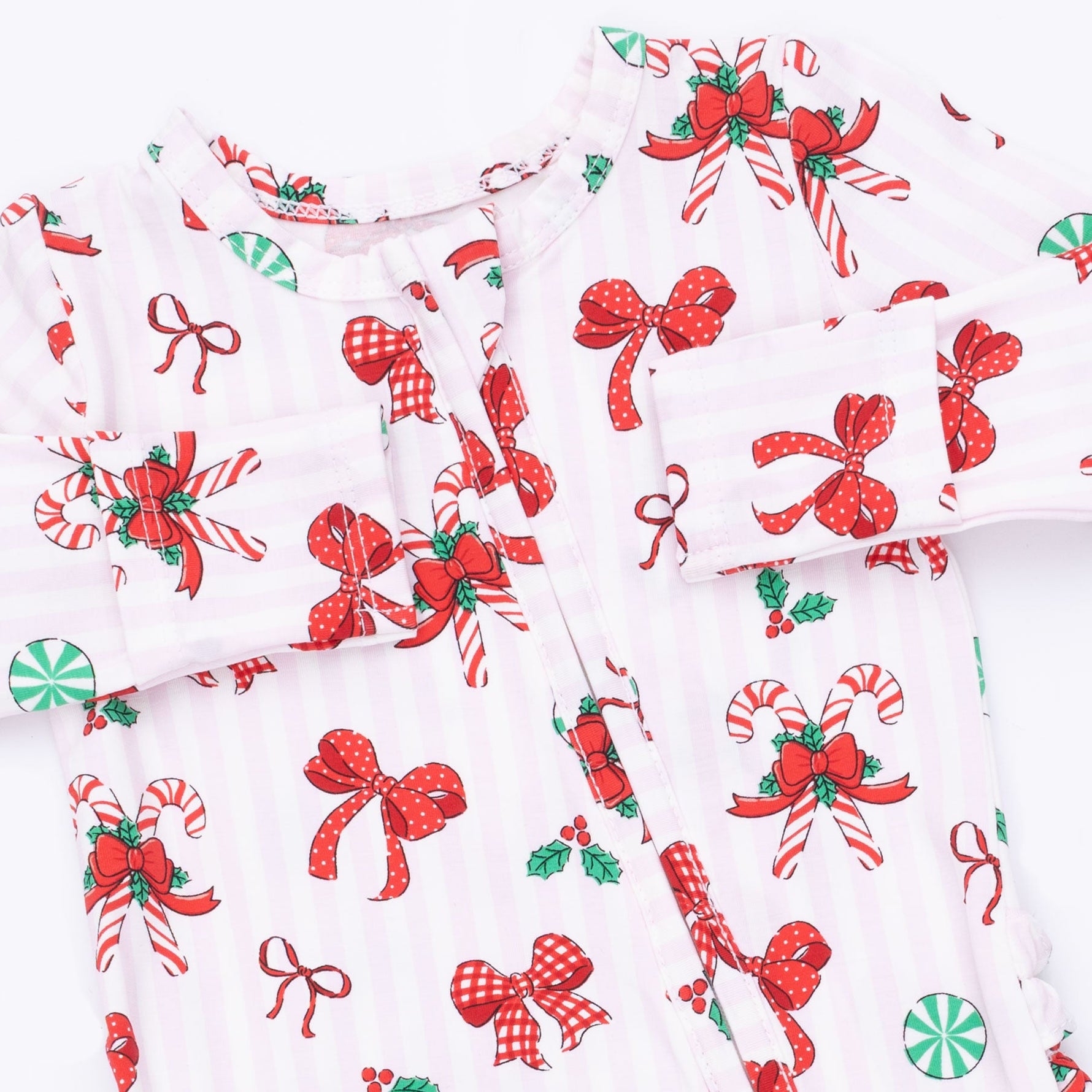 Bows & Candy Canes - 2 Way Ruffle Back Zipper Footie by Angel Dear