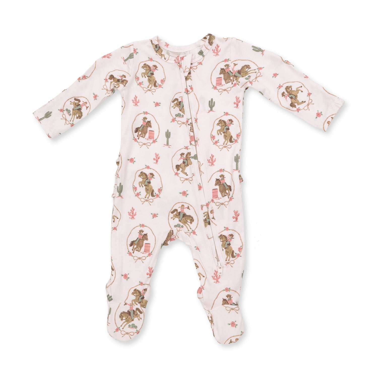 Footie pajamas in Cowgirl Cameos Western print with ruffle back detail and full-length front zipper