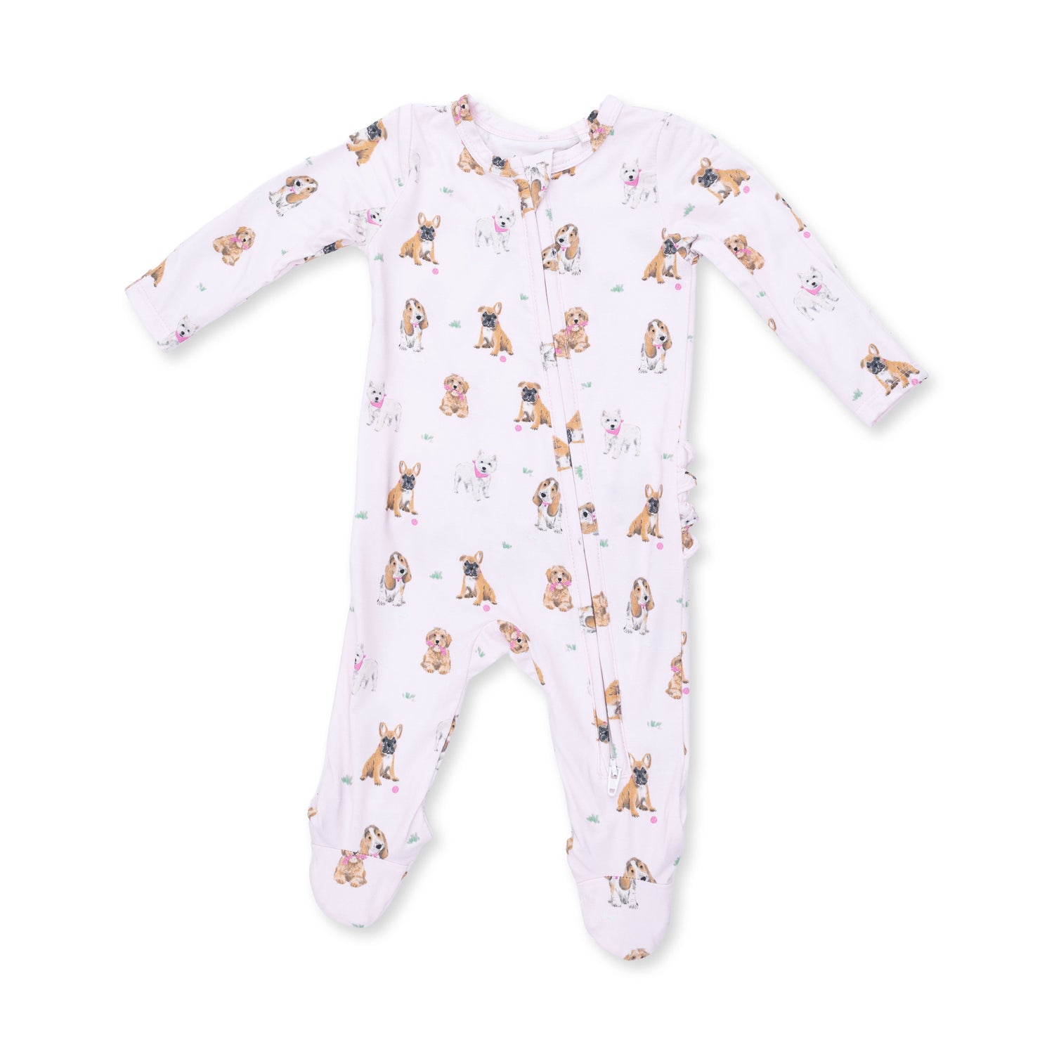 Pink baby footie with playful dog print, a ruffle back detail, and full-length two-way zipper.