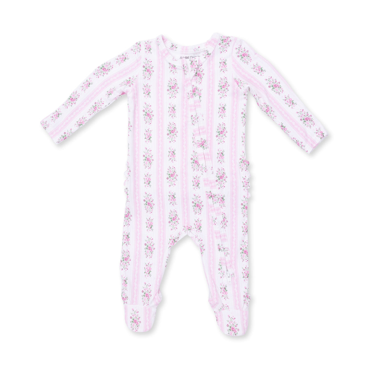 Baby footie pajamas in Bella Rose stripe print with ruffle back detail and full-length front zipper