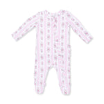 Baby footie pajamas in Bella Rose stripe print with ruffle back detail and full-length front zipper