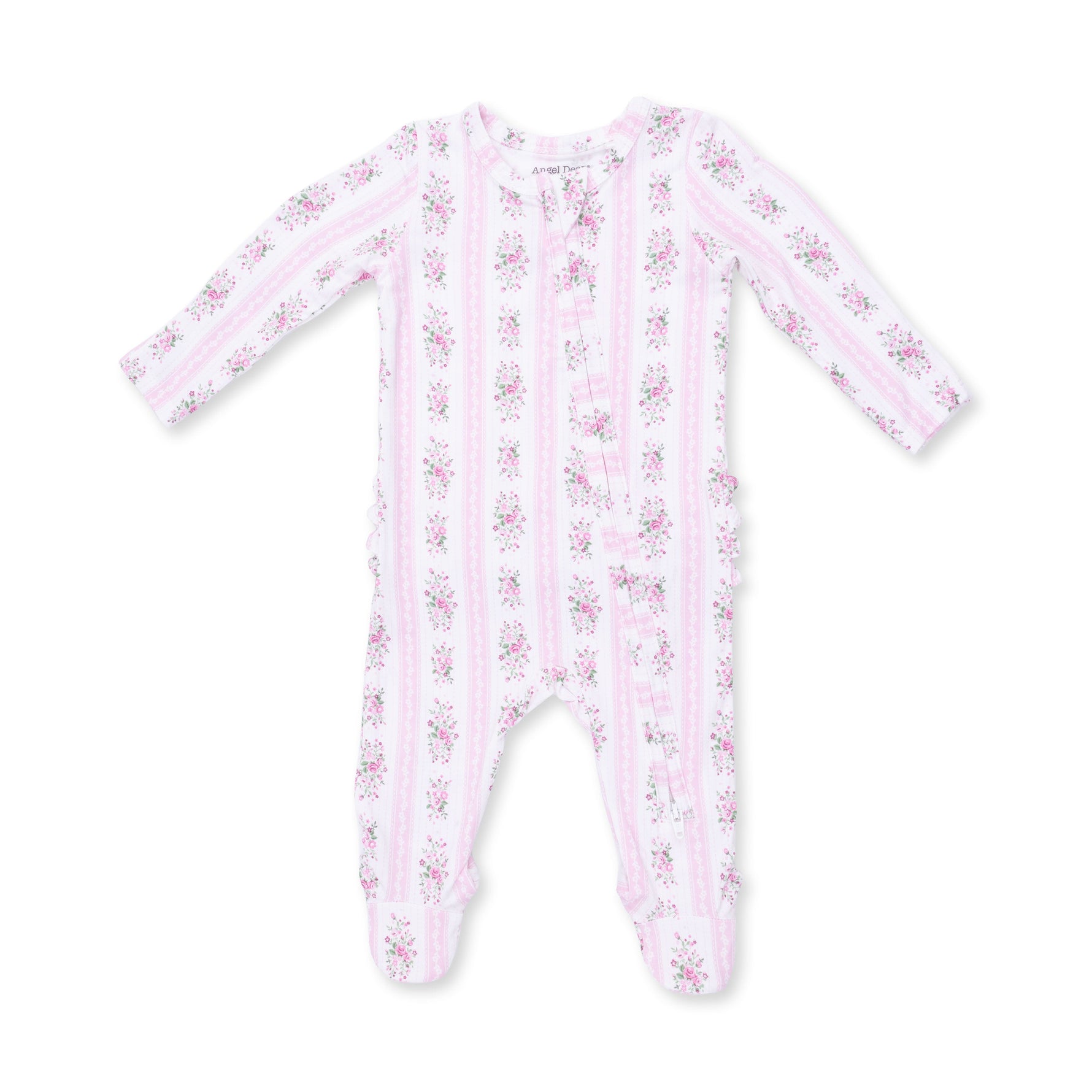 Baby footie pajamas in Bella Rose stripe print with ruffle back detail and full-length front zipper