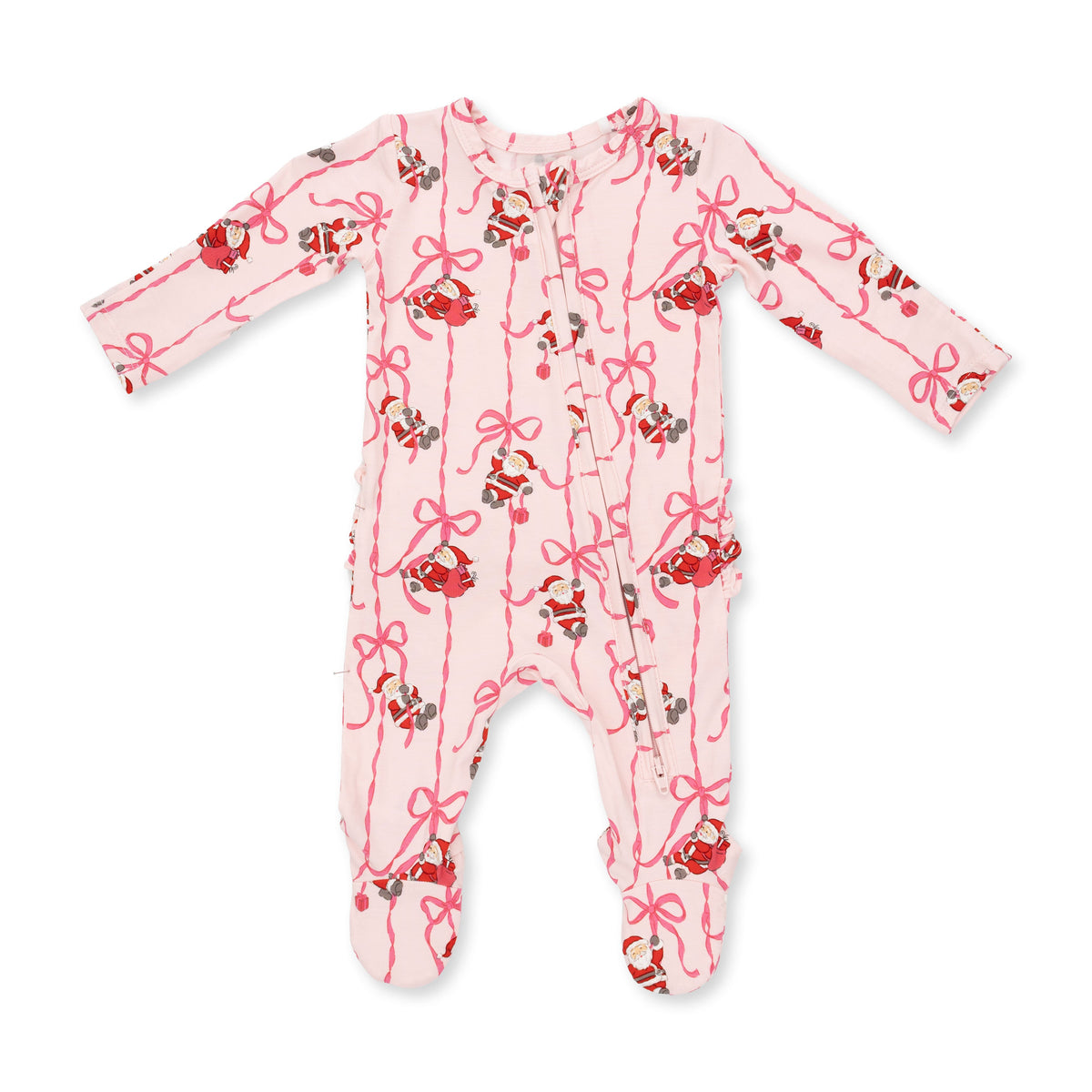 Baby footie pajama in a Bows and Santa print with two-way zipper and ruffle detail across the back