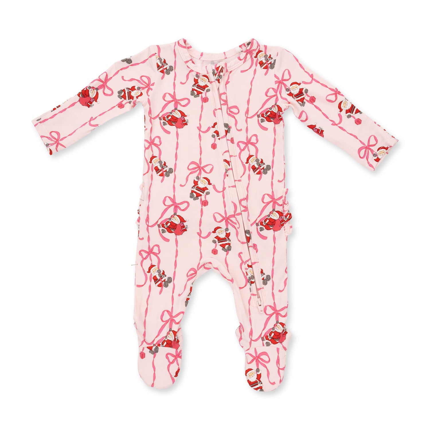 Baby footie pajama in a Bows and Santa print with two-way zipper and ruffle detail across the back