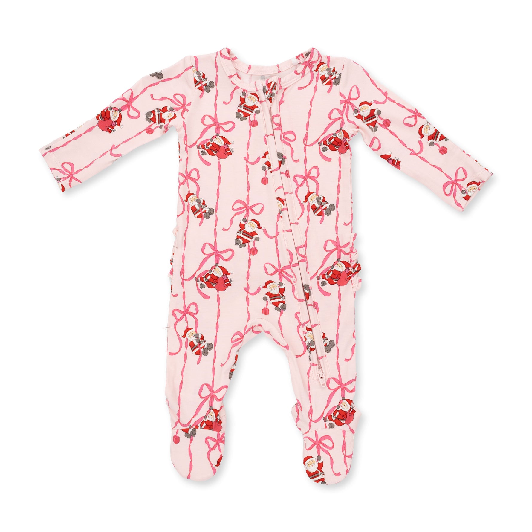 Baby footie pajama in a Bows and Santa print with two-way zipper and ruffle detail across the back