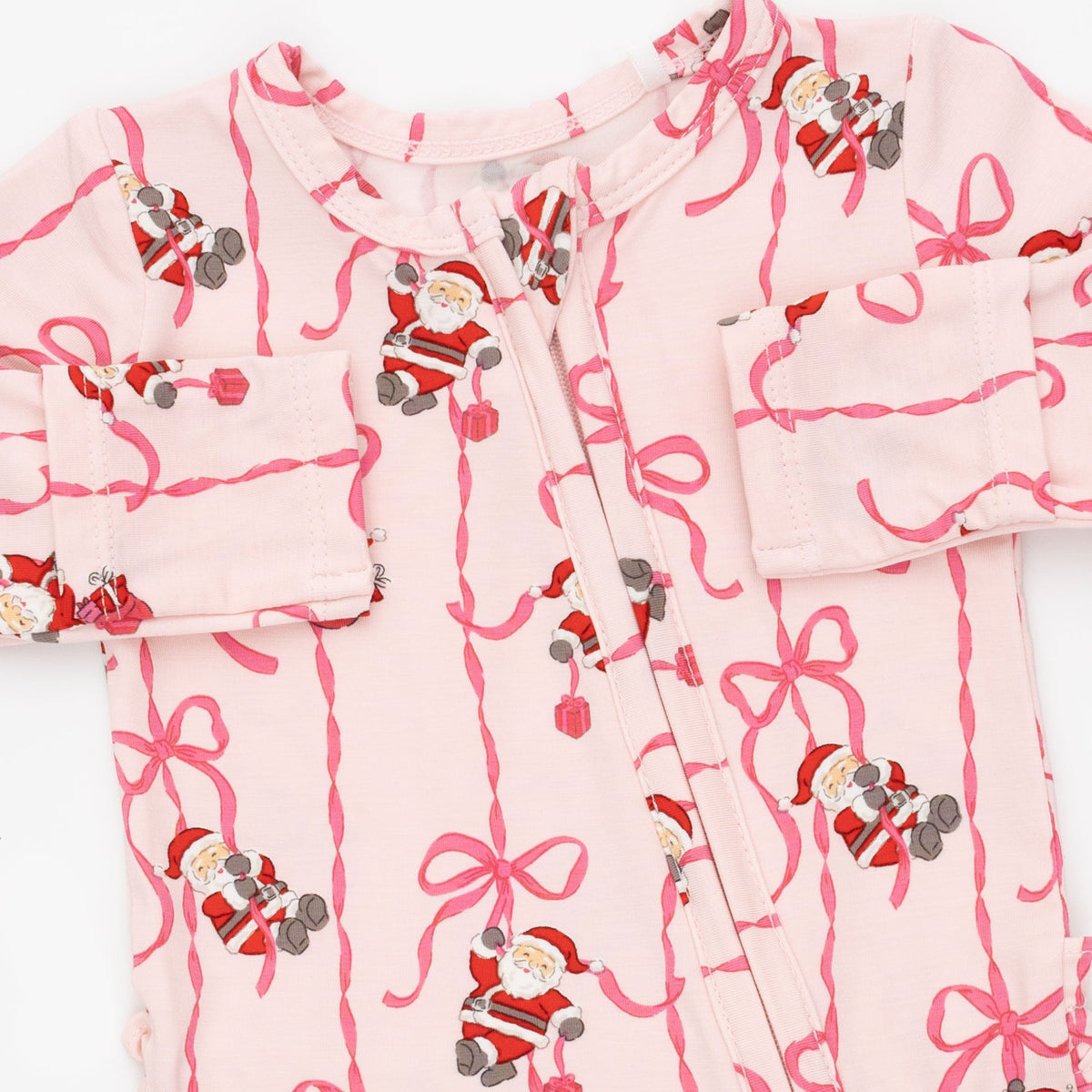 Bows & Santa - 2 Way Ruffle Back Zipper Footie by Angel Dear