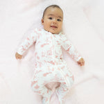 Baby footie pajama in ballet toile print with ruffle back detail and two-way front zipper