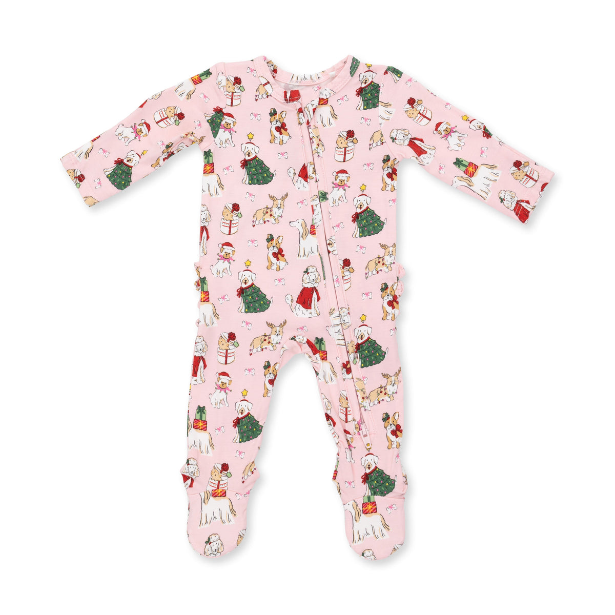 Pink baby footie with Christmas dogs print, two-way front zipper and ruffle back detail
