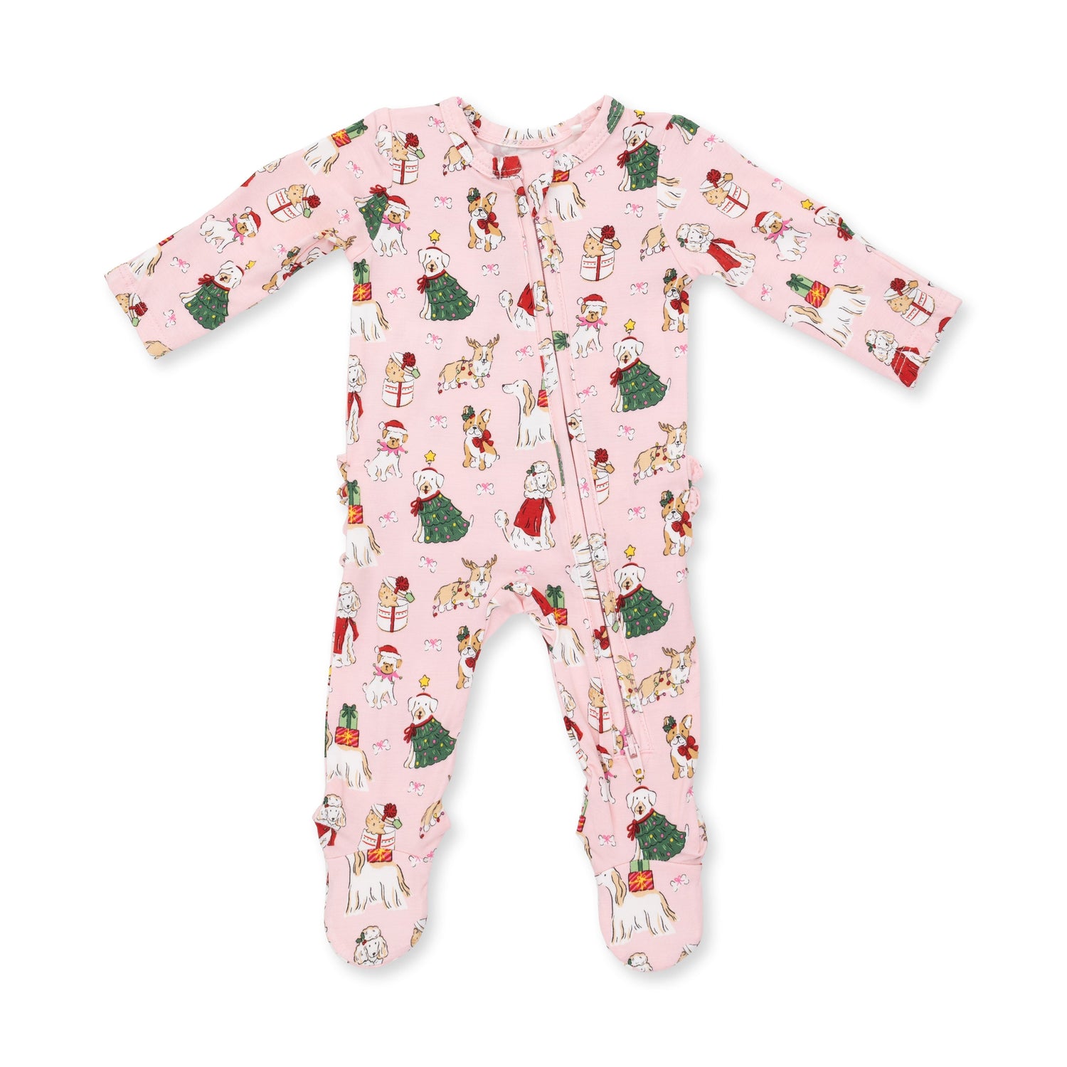 Pink baby footie with Christmas dogs print, two-way front zipper and ruffle back detail