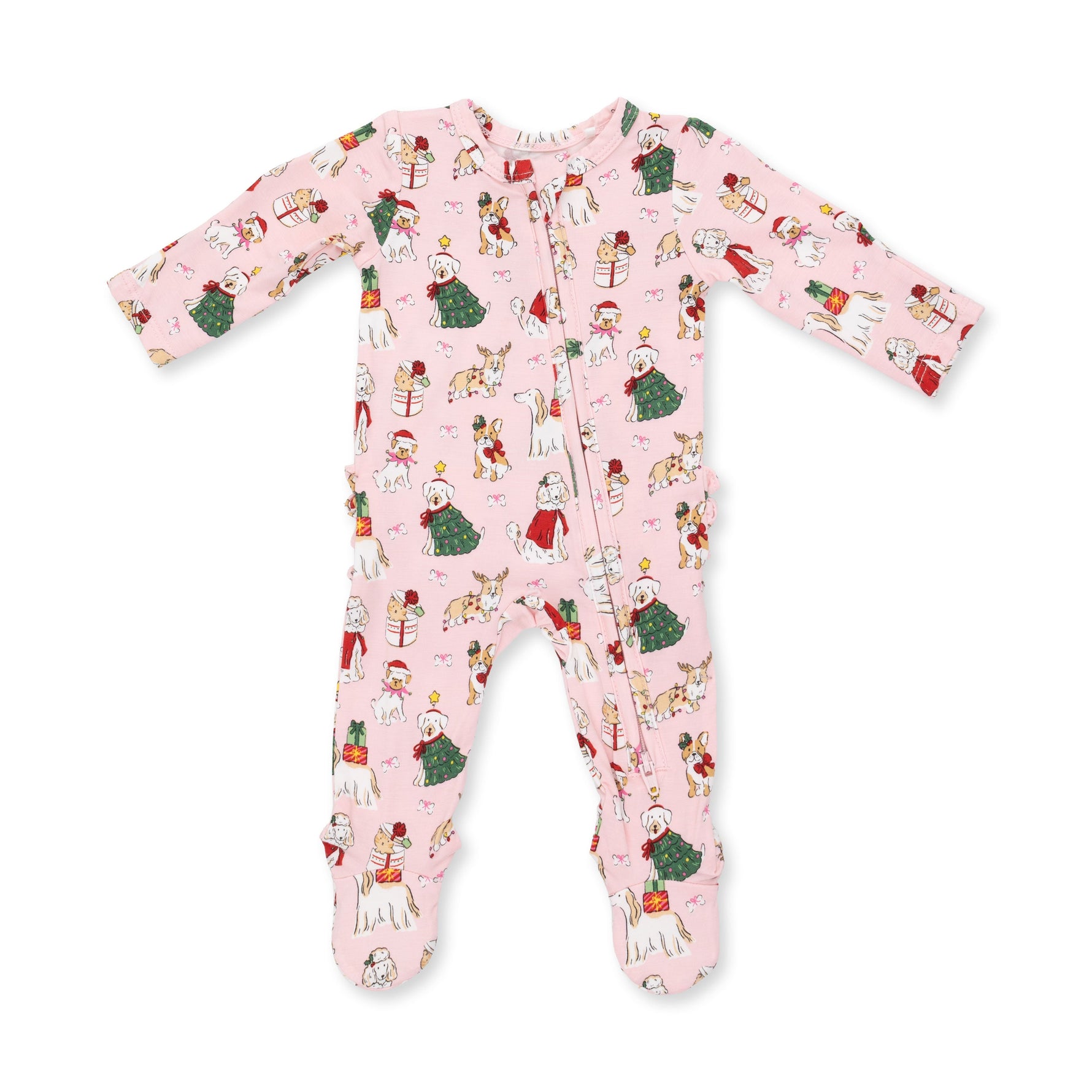 Pink baby footie with Christmas dogs print, two-way front zipper and ruffle back detail