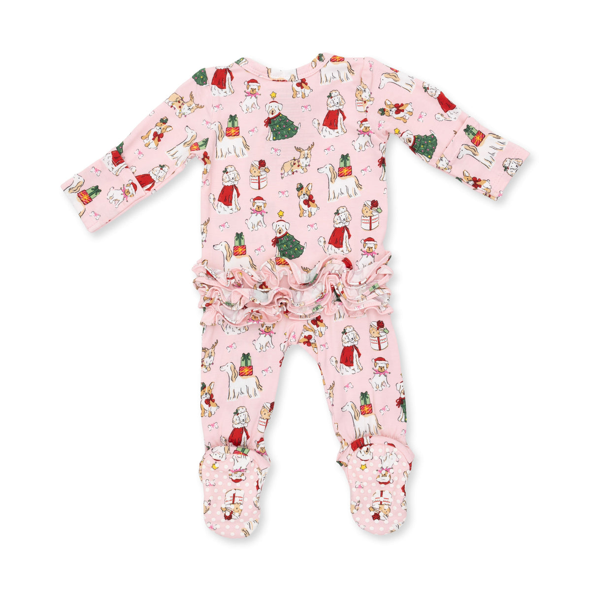 Christmas Dogs Pink - 2 Way Ruffle Back Zipper Footie by Angel Dear
