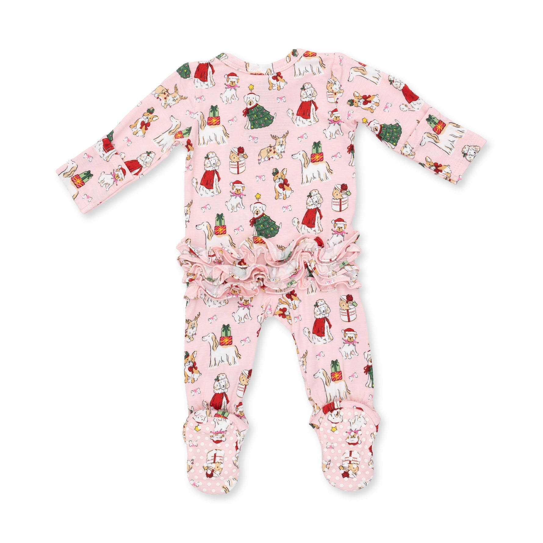 Christmas Dogs Pink - 2 Way Ruffle Back Zipper Footie by Angel Dear