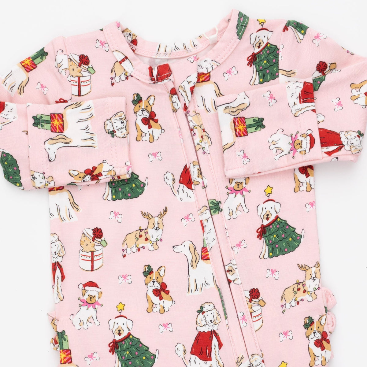 Christmas Dogs Pink - 2 Way Ruffle Back Zipper Footie by Angel Dear