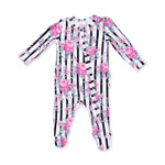 Baby footie pajama in cabbage rose stripe print with ruffle back detail, full-length zipper and footed legs