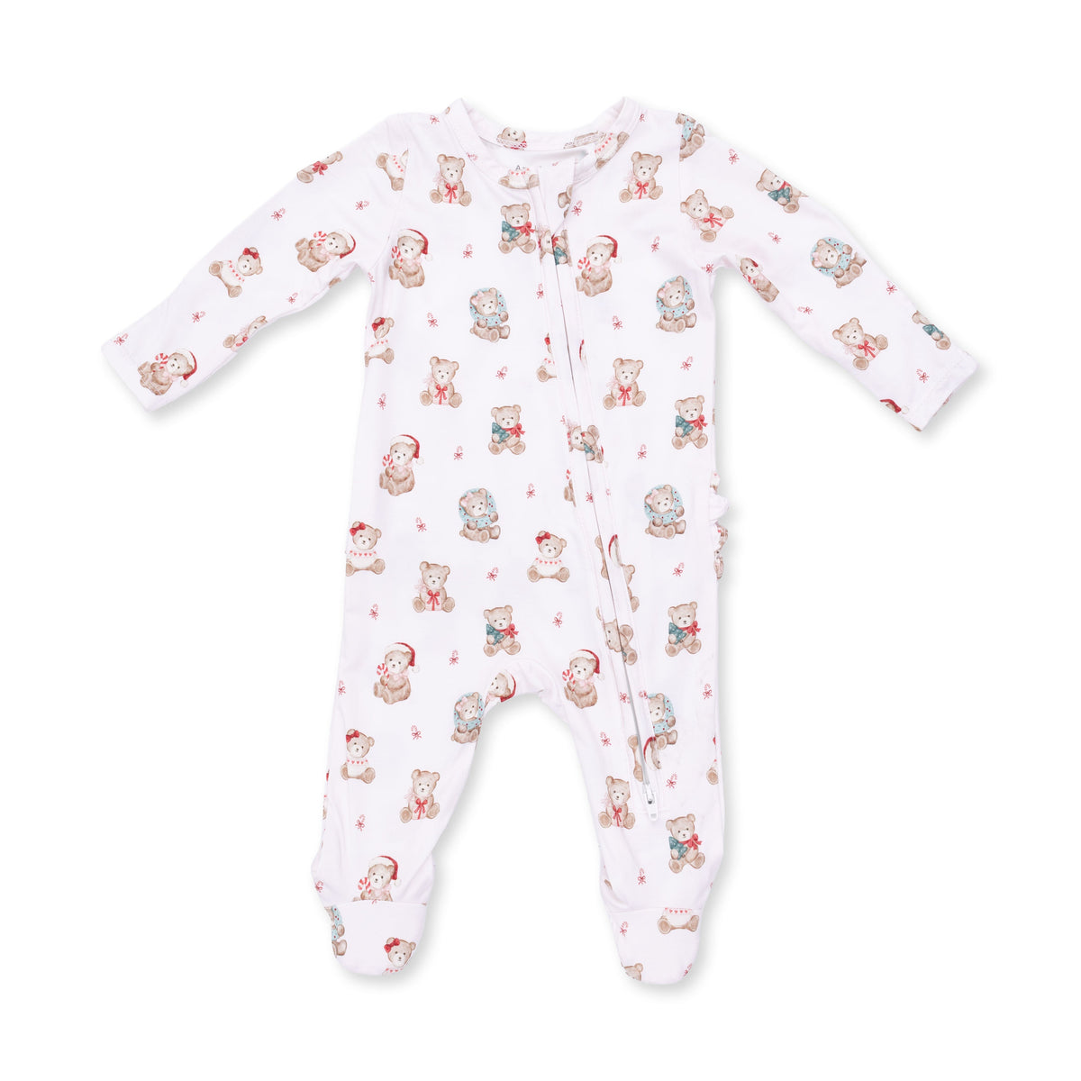 Pink baby footie pajamas with Christmas teddy bear print, two-way front zipper and ruffle back detail