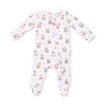 Pink baby footie pajamas with Christmas teddy bear print, two-way front zipper and ruffle back detail