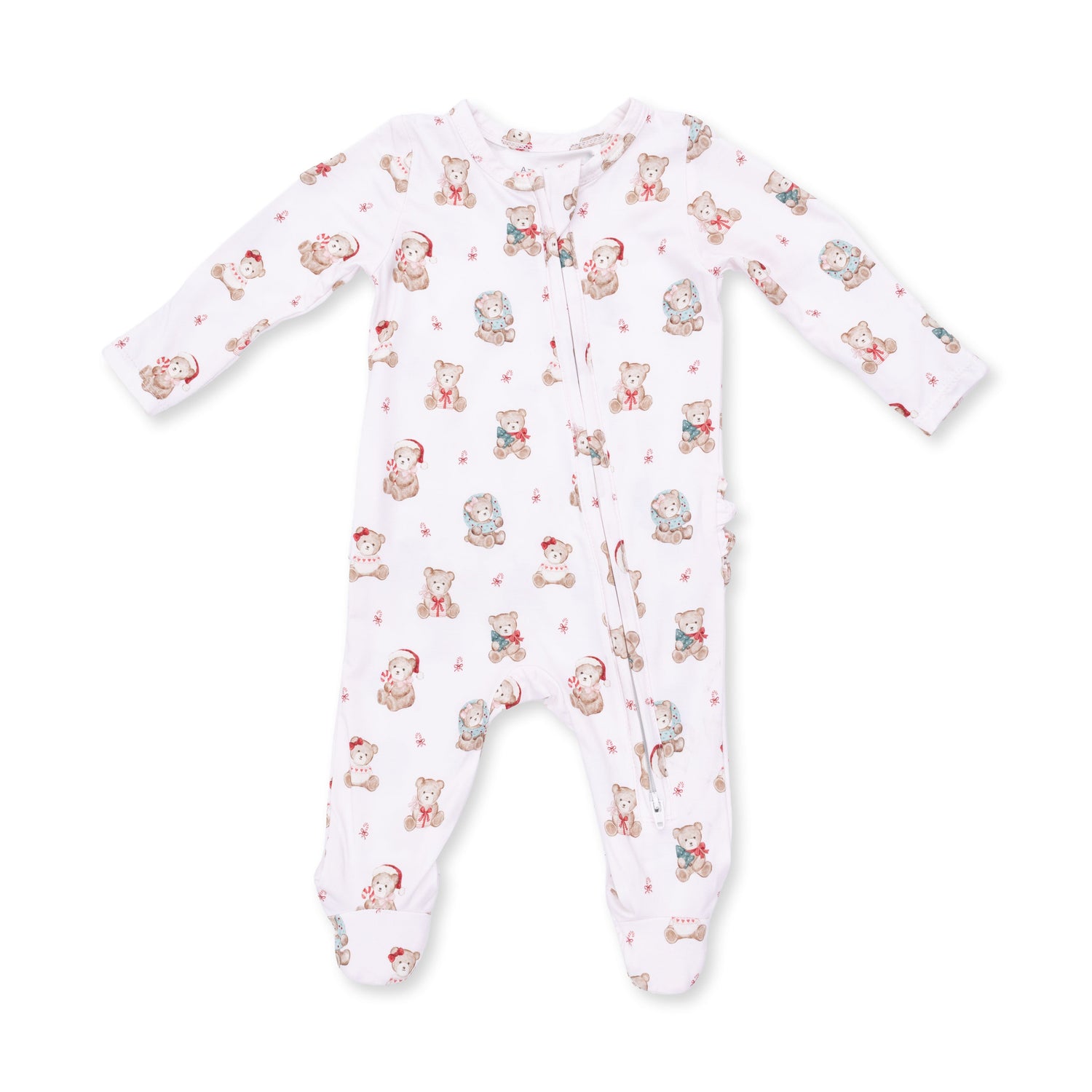 Pink baby footie pajamas with Christmas teddy bear print, two-way front zipper and ruffle back detail