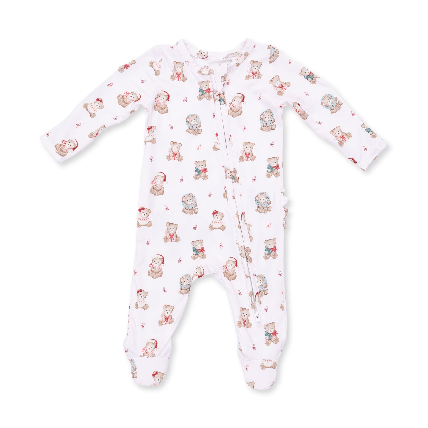 Pink baby footie pajamas with Christmas teddy bear print, two-way front zipper and ruffle back detail